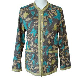 Block Print 100% Cotton Coat Quilted HIppie Bohemian Grey Floral Prairie Jacket
